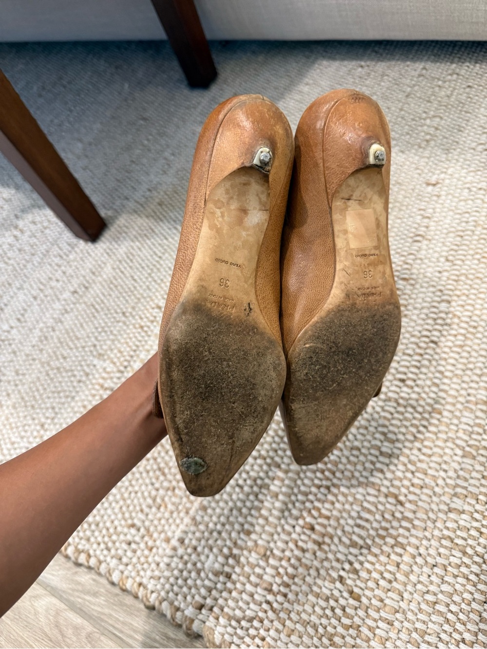 Vintage Prada Tan Leather Wood Buckle Kitten Heels - Size 36 - Picture 5 of 8